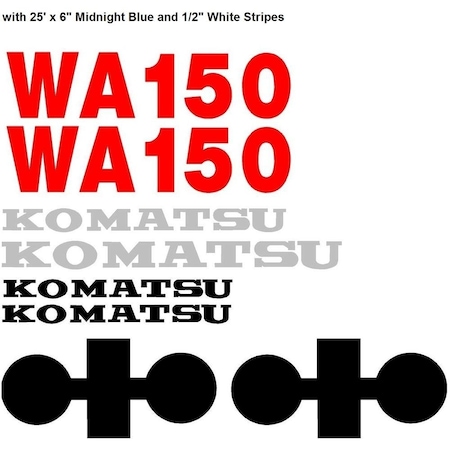 Aftermarket Komatsu Wheel Loader WA150 Decal Set w Midnight Blue and White Stripes KOMWA150WSDECALSET
